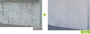 カビ・油汚れのコンクリート擁壁を環境対応型特殊洗浄G-Eco工法で施工