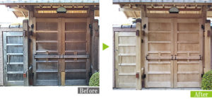 カビ・日焼け汚れの数寄屋門を環境対応型特殊洗浄G-Eco工法で施工